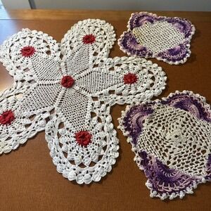 Vtg Lot 3 Doilies White/Purple & White With Red Flowers, Small Stains